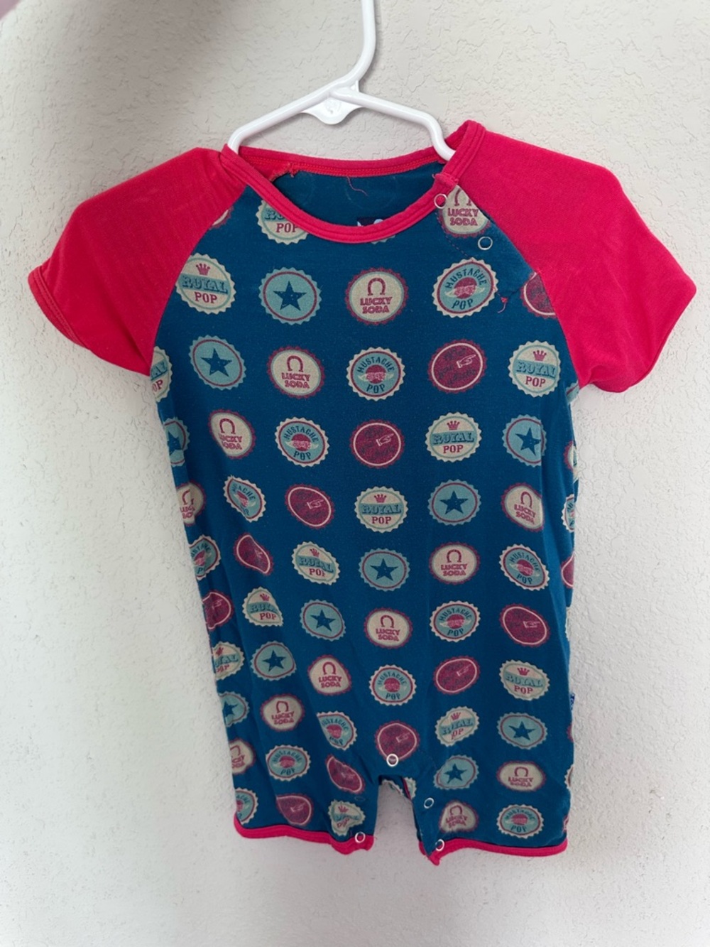 Kickee Pants boys blue & red Bottle Cap Short Sleeve romper size 12-18 months